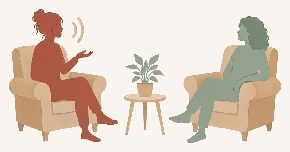 Illustration: eine Person erzählt, die Therapeutin hört aufmerksam zu