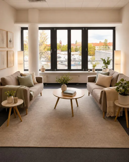 Behandlungszimmer der Praxis: zwei Sofas, warmes Licht, Blick über Berlin